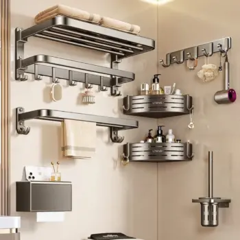 7pcs Black Multifunctional Aluminum Bath Towel Storage Rack Set