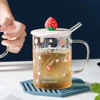 Fruit Style Cartoon Transparent Glass Cup With Straw