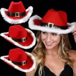 Christmas Red Cowboy Hat with Feather & Black Belt