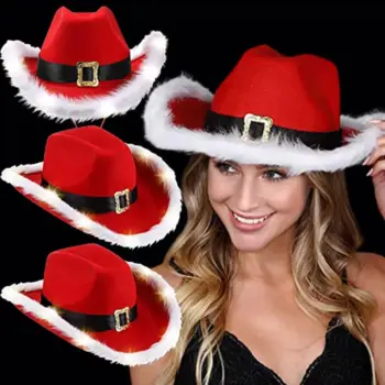 Christmas Red Cowboy Hat with Feather & Black Belt