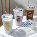 Round Transparent Borosilicate Drinking Glass Cup/Tumbler with Lid + Straw