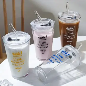 Round Transparent Borosilicate Drinking Glass Cup/Tumbler with Lid + Straw