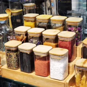 12pcs Square Glass Spice Jar set with a Wooden Bamboo Stand