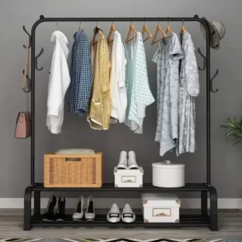 Cloth Rack with Double Lower Storage Shelf & Side Hooks