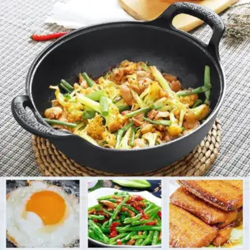 Pre-seasoned Pure Cast Iron Flat Bottom Wok with Wooden Lid 