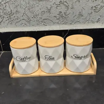 3pcs Ceramic Canisters Set with Bamboo Stand