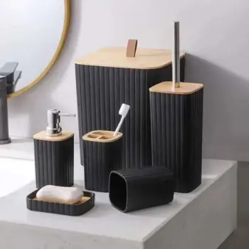 6pcs Eco-Friendly Plastic Bamboo washroom bathroom Accessories set